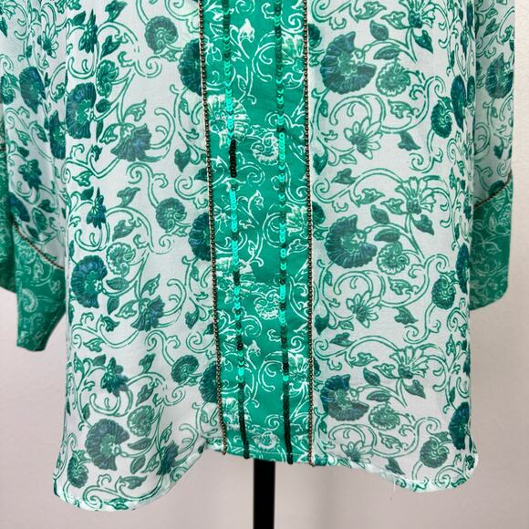 Chico's Sz 0 Congo Floral Tunic Green Print Sheer Embellished V-neck Blouse - Picture 8 of 13
